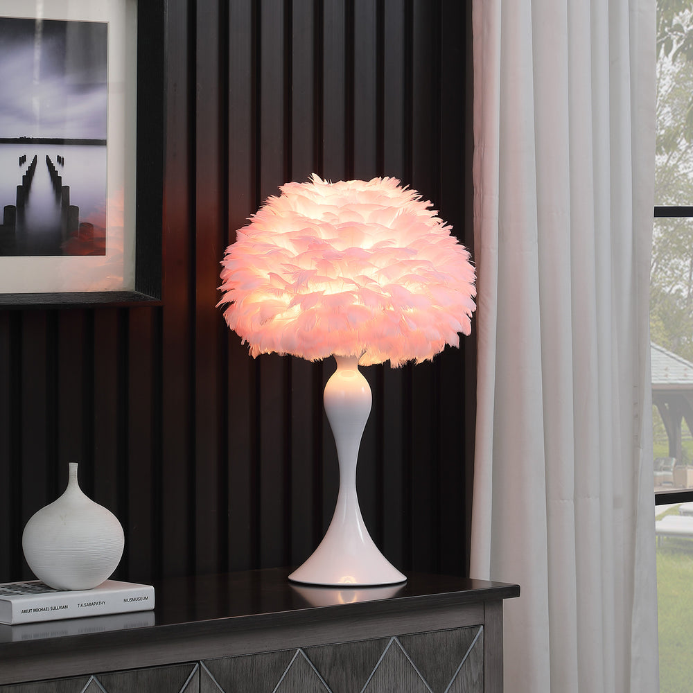 24" Glam Pink Faux Feather and White Metal Table Lamp - Homeroots - Flyclothing LLC