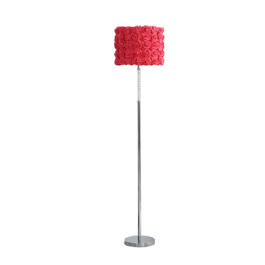 63" Steel and Acrylic Floor Lamp With Red Flowers Fabric Drum Shade - Homeroots