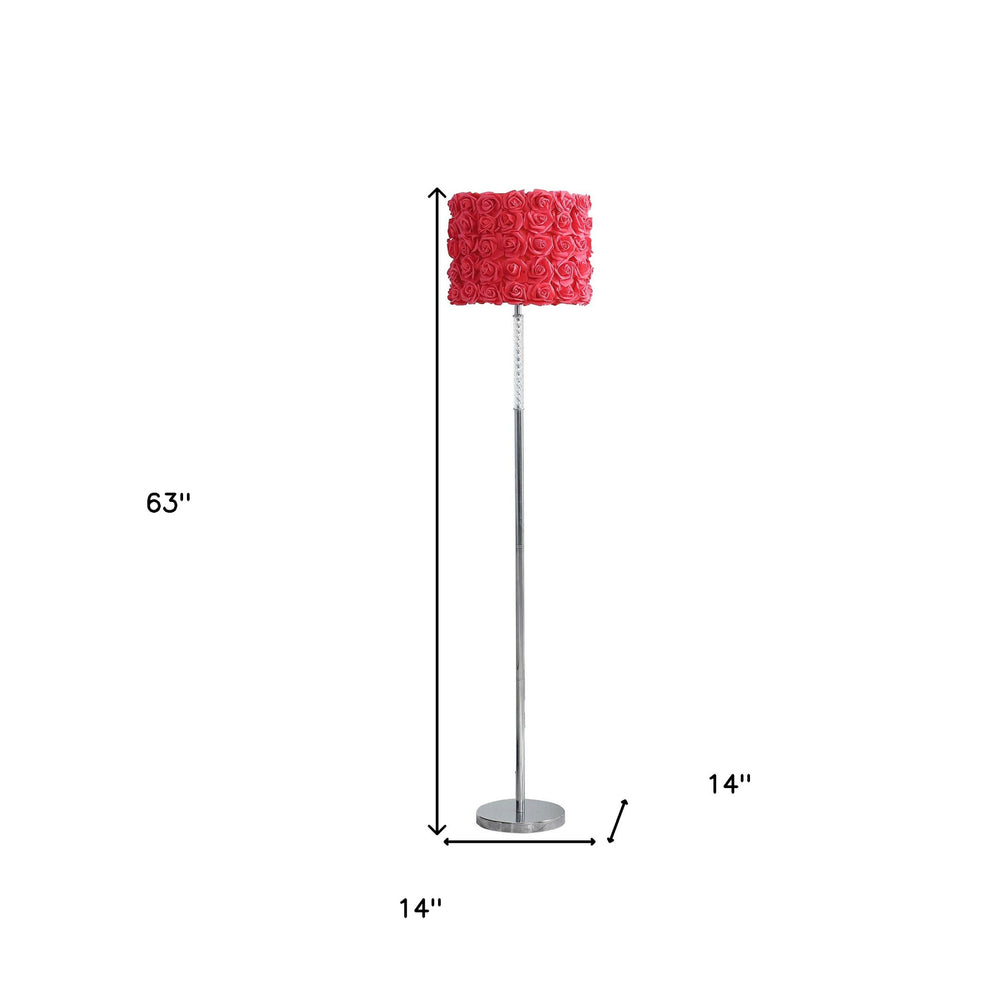 63" Steel and Acrylic Floor Lamp With Red Flowers Fabric Drum Shade - Homeroots - Flyclothing LLC