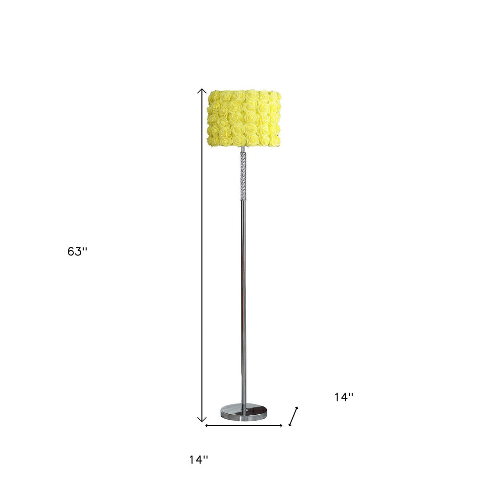 63" Steel and Acrylic Floor Lamp With Yellow Flowers Fabric Drum Shade - Homeroots - Flyclothing LLC