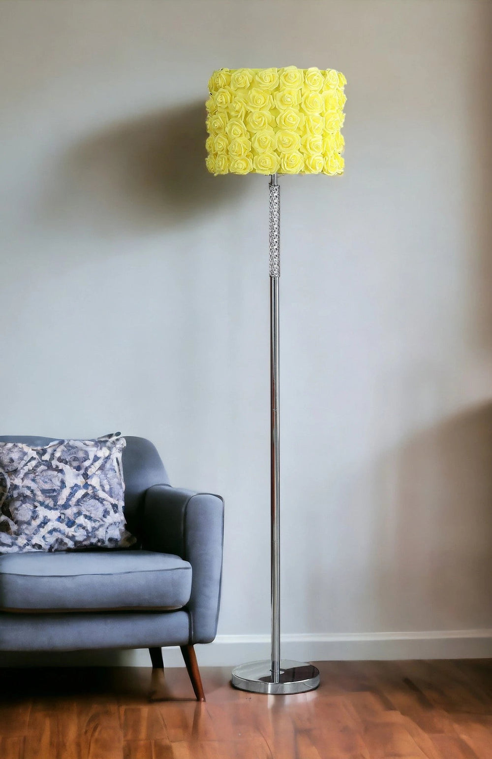63" Steel and Acrylic Floor Lamp With Yellow Flowers Fabric Drum Shade - Homeroots - Flyclothing LLC