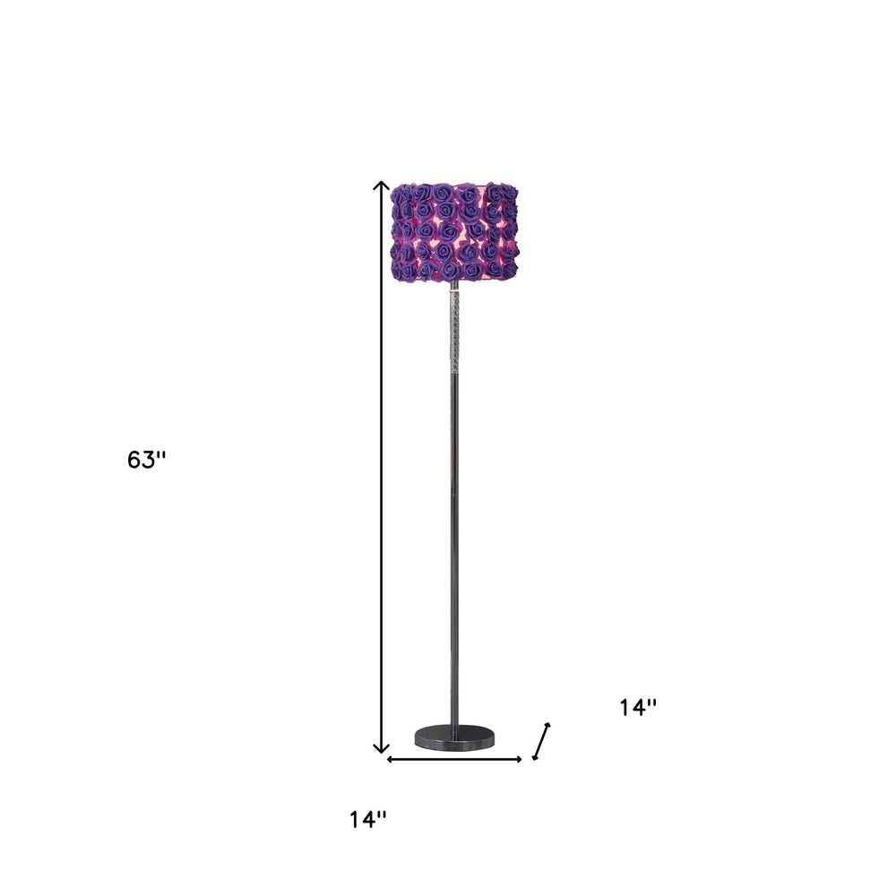 63" Steel and Acrylic Floor Lamp With Purple Flowers Fabric Drum Shade - Homeroots - Flyclothing LLC
