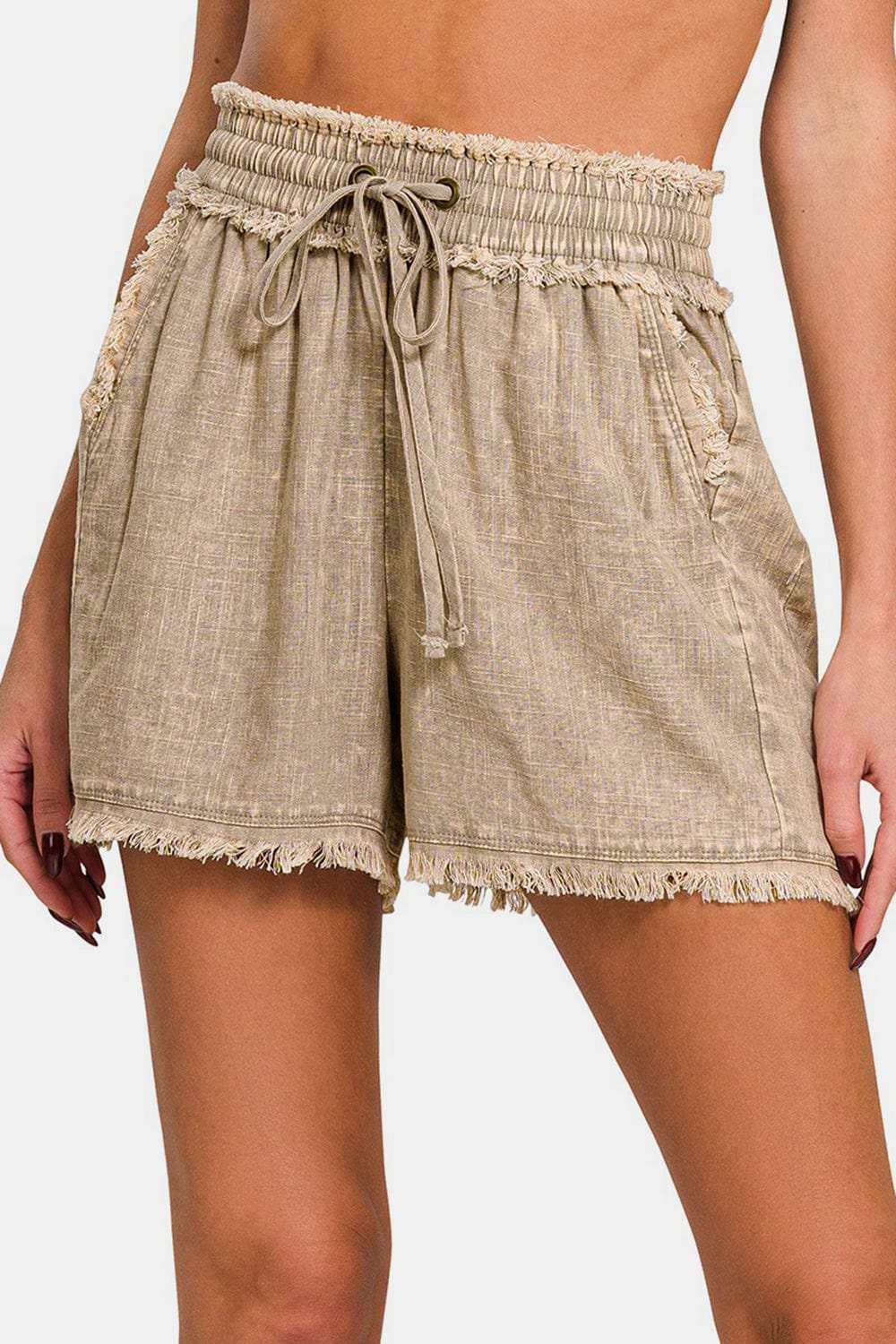 Zenana Washed Linen Frayed Hem Drawstring Shorts - Trendsi - Flyclothing LLC