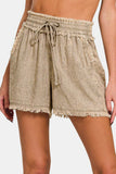 Zenana Washed Linen Frayed Hem Drawstring Shorts - Trendsi - Flyclothing LLC