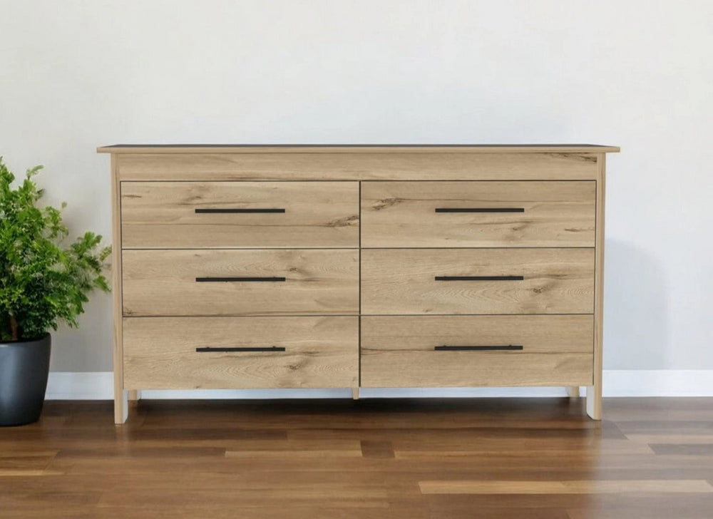59" Natural and Black Six Drawer Double Dresser - Homeroots - Flyclothing LLC