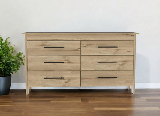 59" Natural and Black Six Drawer Double Dresser - Homeroots