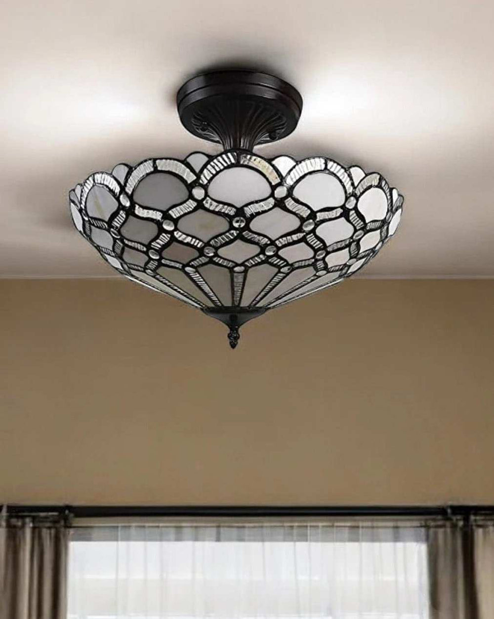 Black and Gray Two Light Tiffany Style Semi Flush Dimmable Ceiling LIght - Homeroots - Flyclothing LLC