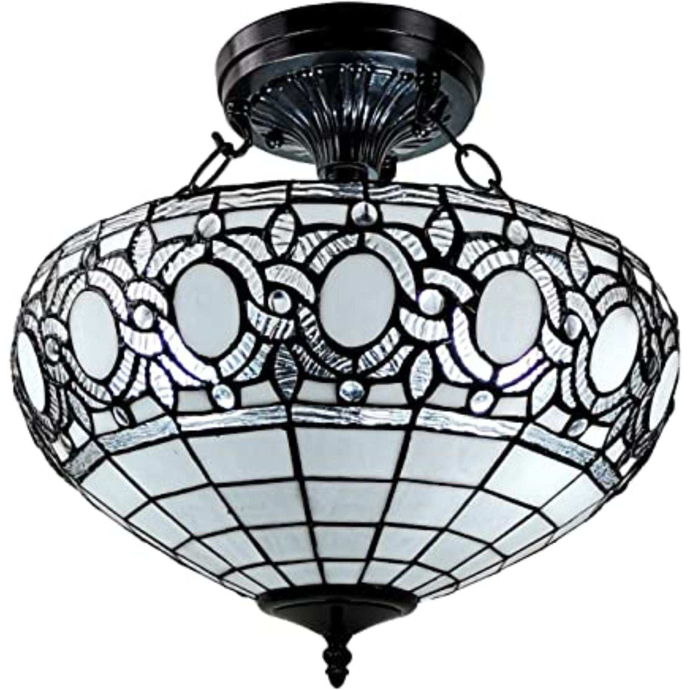 Blue and Black Tiffany Style Two Light Glass Dimmable Semi Flush Ceiling Light - Homeroots - Flyclothing LLC