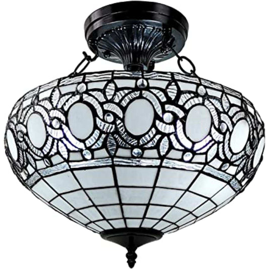 Blue and Black Tiffany Style Two Light Glass Dimmable Semi Flush Ceiling Light - Homeroots - Flyclothing LLC