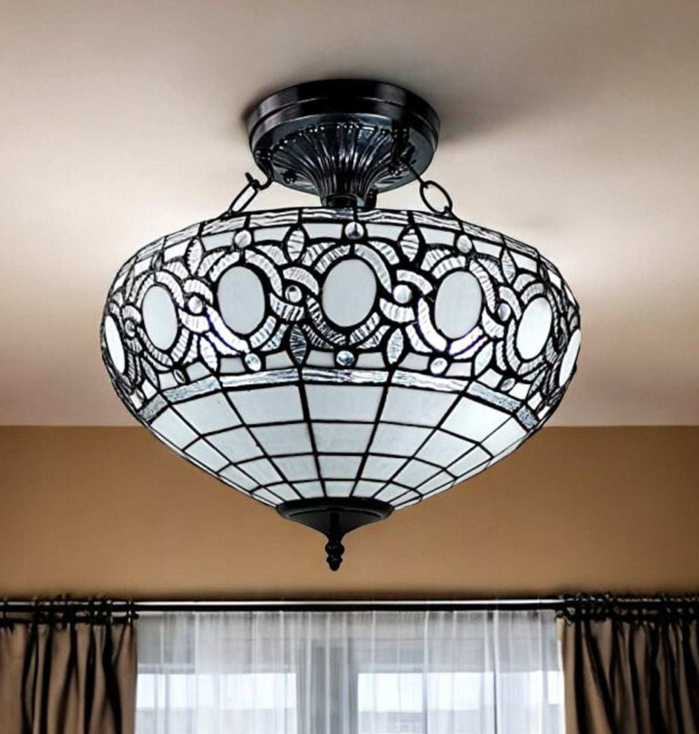 Blue and Black Tiffany Style Two Light Glass Dimmable Semi Flush Ceiling Light - Homeroots - Flyclothing LLC