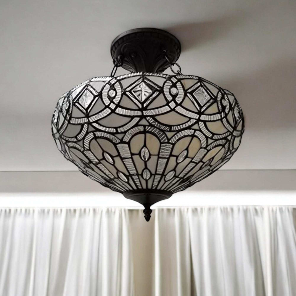 Black and Gray Tiffany Style Two Light Glass Dimmable Semi Flush Ceiling Light - Homeroots - Flyclothing LLC