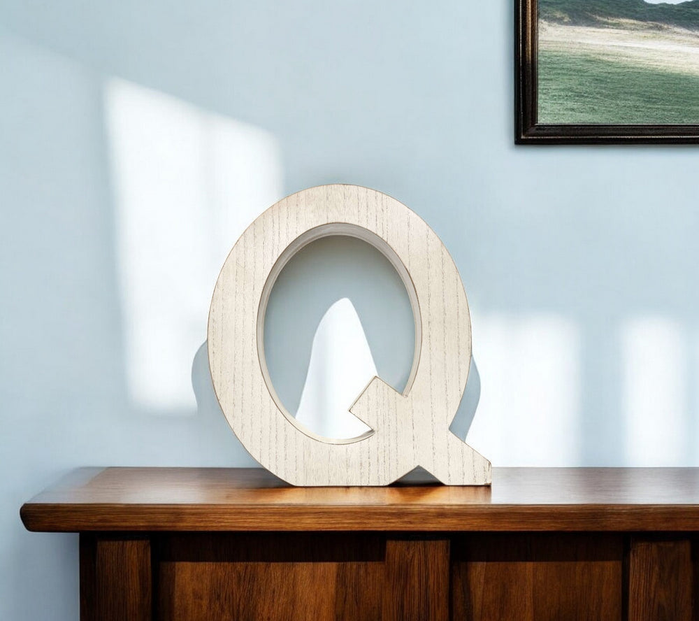 16" Distressed White Wash Wooden Initial Letter Q Sculpture