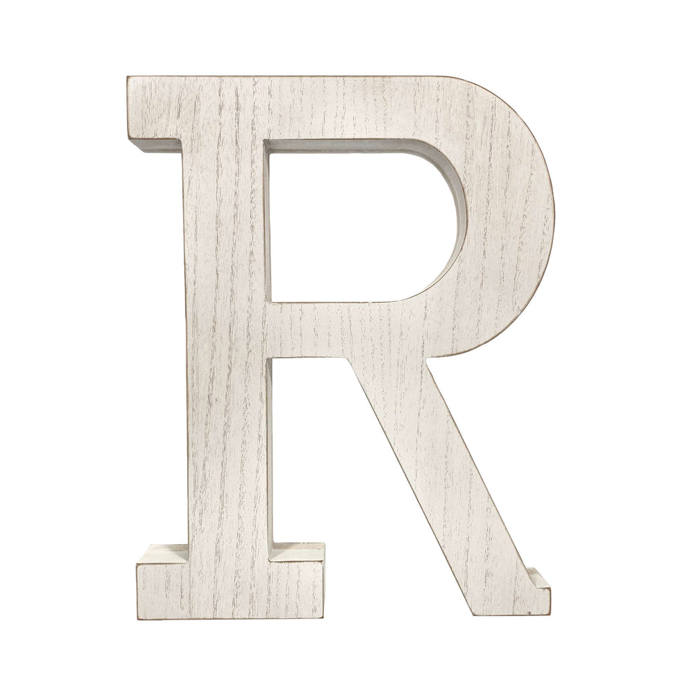 16" White Distressed Wood Letter R Tabletop Sculpture