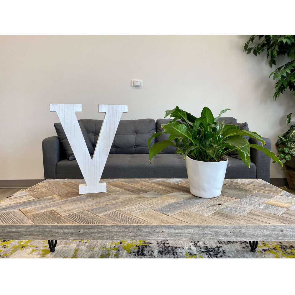 16" Distressed White Wash Wooden Initial Letter V Sculpture - Homeroots