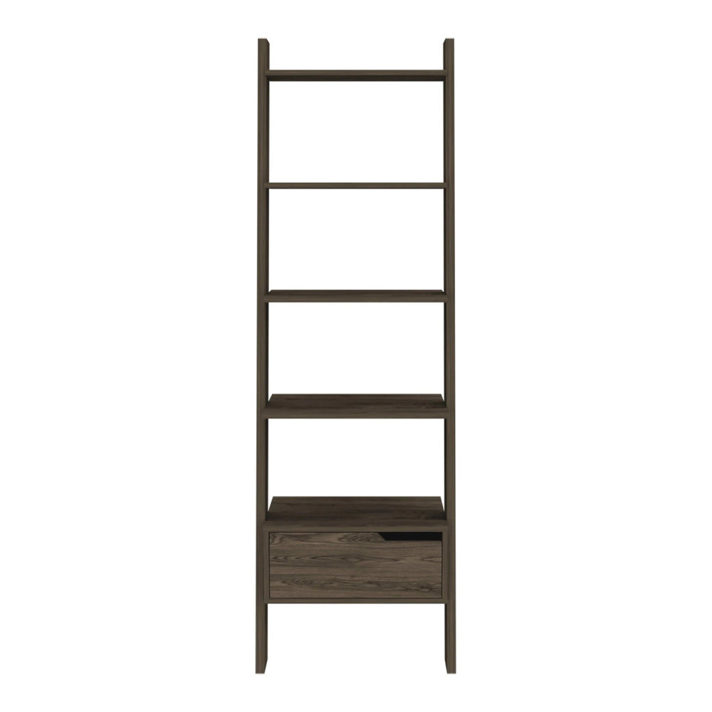 70" Brown Five Tier Ladder Bookcase with A Drawer - Homeroots - Flyclothing LLC