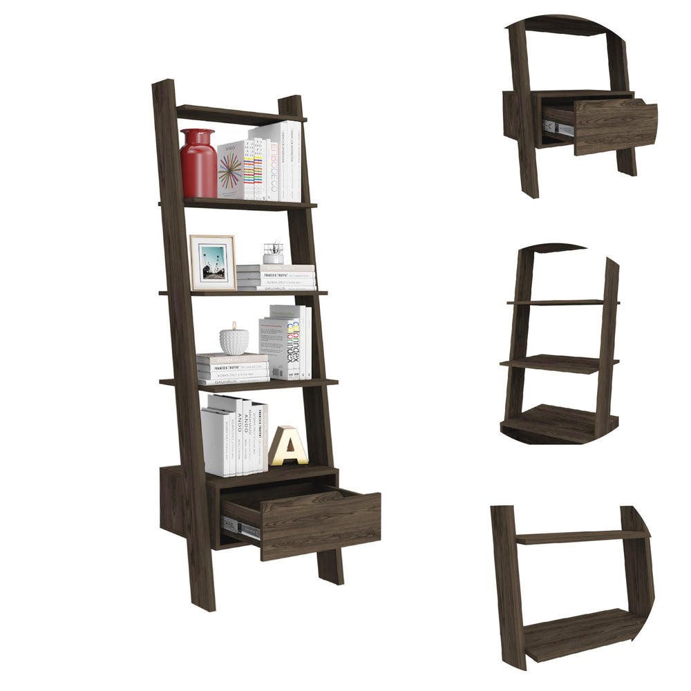 70" Brown Five Tier Ladder Bookcase with A Drawer - Homeroots - Flyclothing LLC