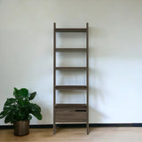 70" Brown Five Tier Ladder Bookcase with A Drawer - Homeroots - Flyclothing LLC