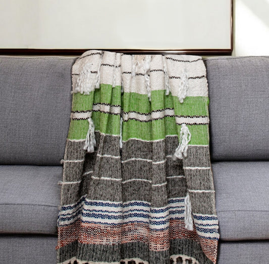 52" X 67" Beige and Black Woven Wool Throw Blanket - Homeroots