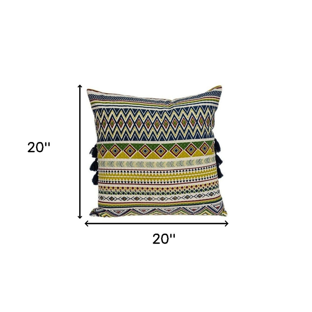 20" Green and Yellow Cotton Throw Pillow With Tassels - Homeroots - Flyclothing LLC
