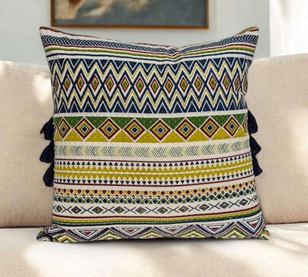 20" Green and Yellow Cotton Throw Pillow With Tassels - Homeroots - Flyclothing LLC