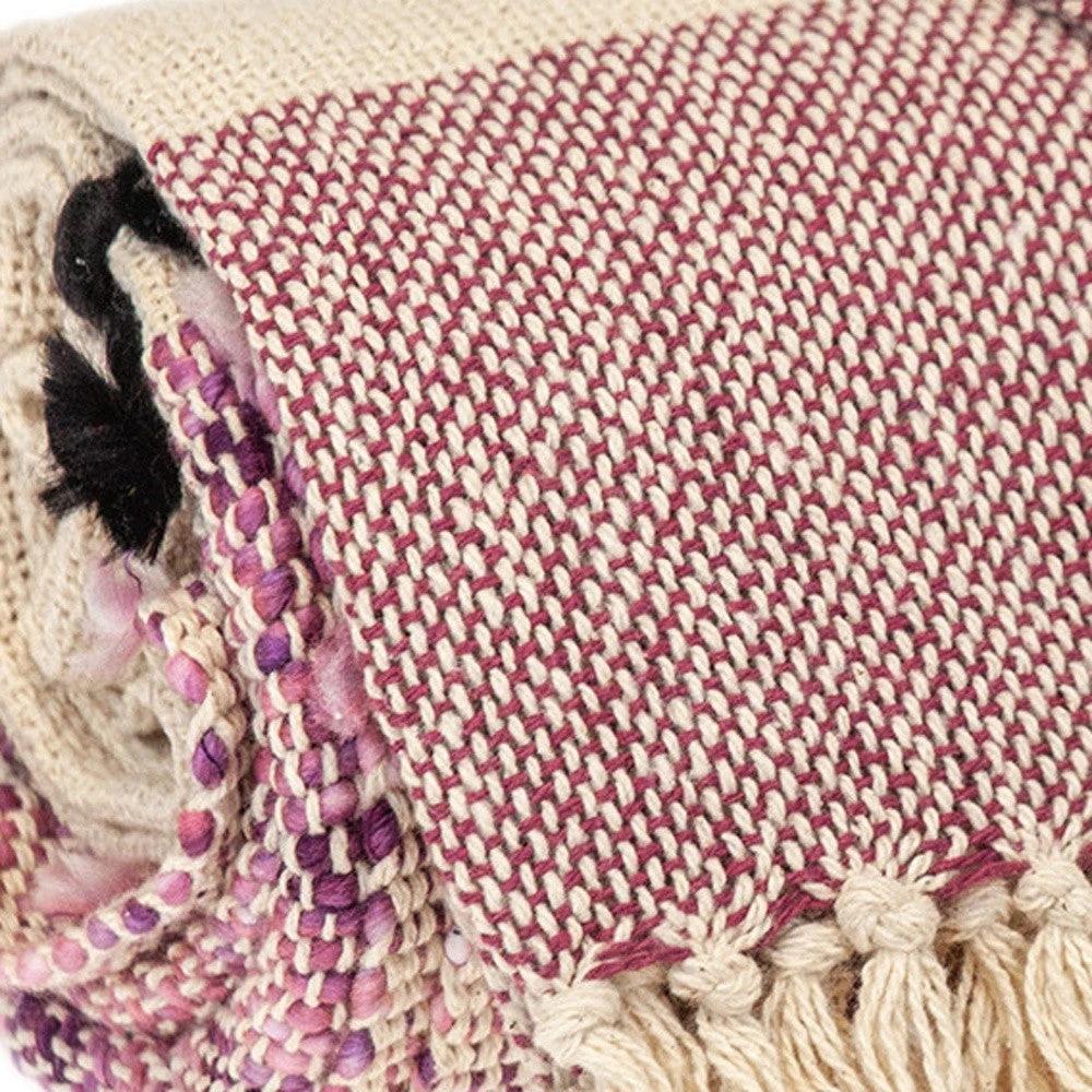 50" X 60" Purple and Ivory Woven Cotton Striped Throw Blanket with Tassels - Homeroots - Flyclothing LLC