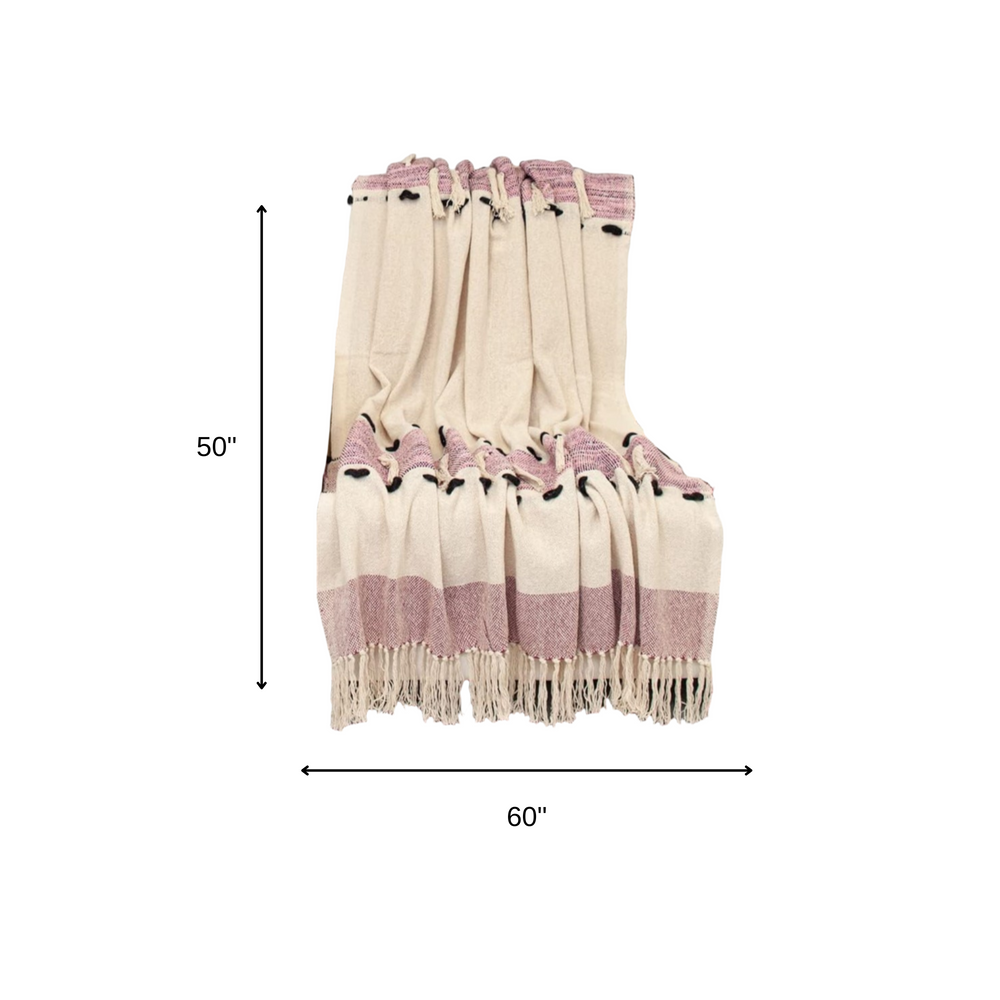 50" X 60" Purple and Ivory Woven Cotton Striped Throw Blanket with Tassels - Homeroots - Flyclothing LLC