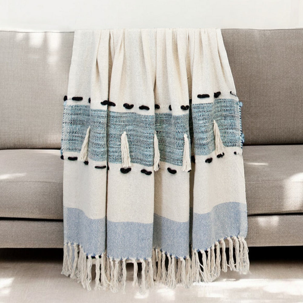 50" X 60" Blue and Ivory Woven Cotton Striped Throw Blanket with Tassels - Homeroots - Flyclothing LLC