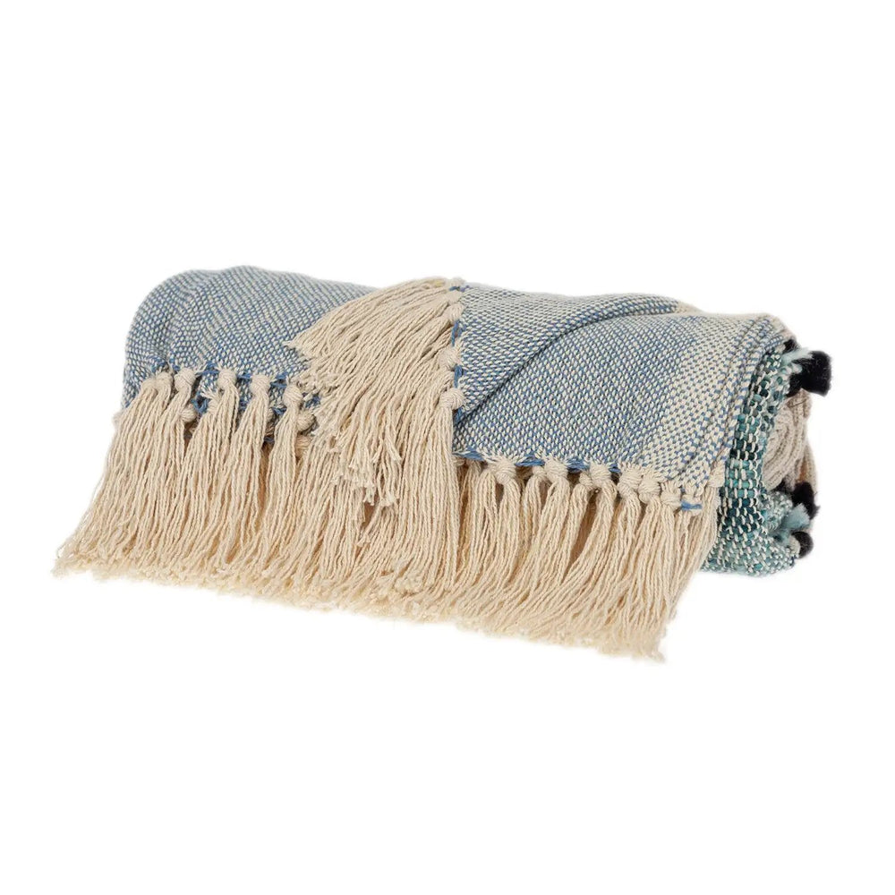 50" X 60" Blue and Ivory Woven Cotton Striped Throw Blanket with Tassels - Homeroots - Flyclothing LLC