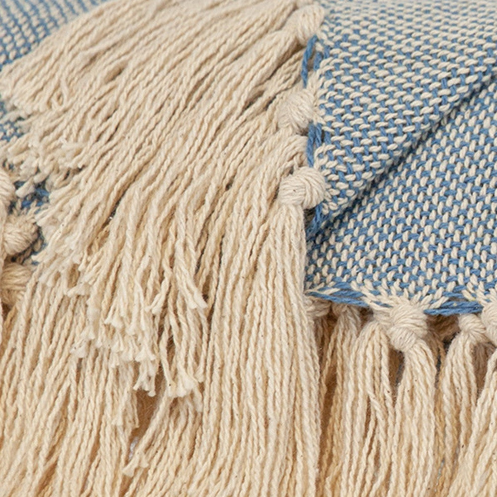 50" X 60" Blue and Ivory Woven Cotton Striped Throw Blanket with Tassels - Homeroots - Flyclothing LLC