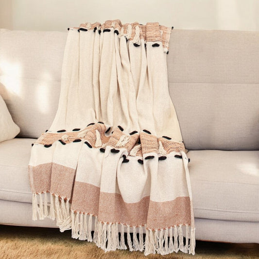 50" X 60" Brown and Ivory Woven Cotton Striped Throw Blanket with Tassels - Homeroots