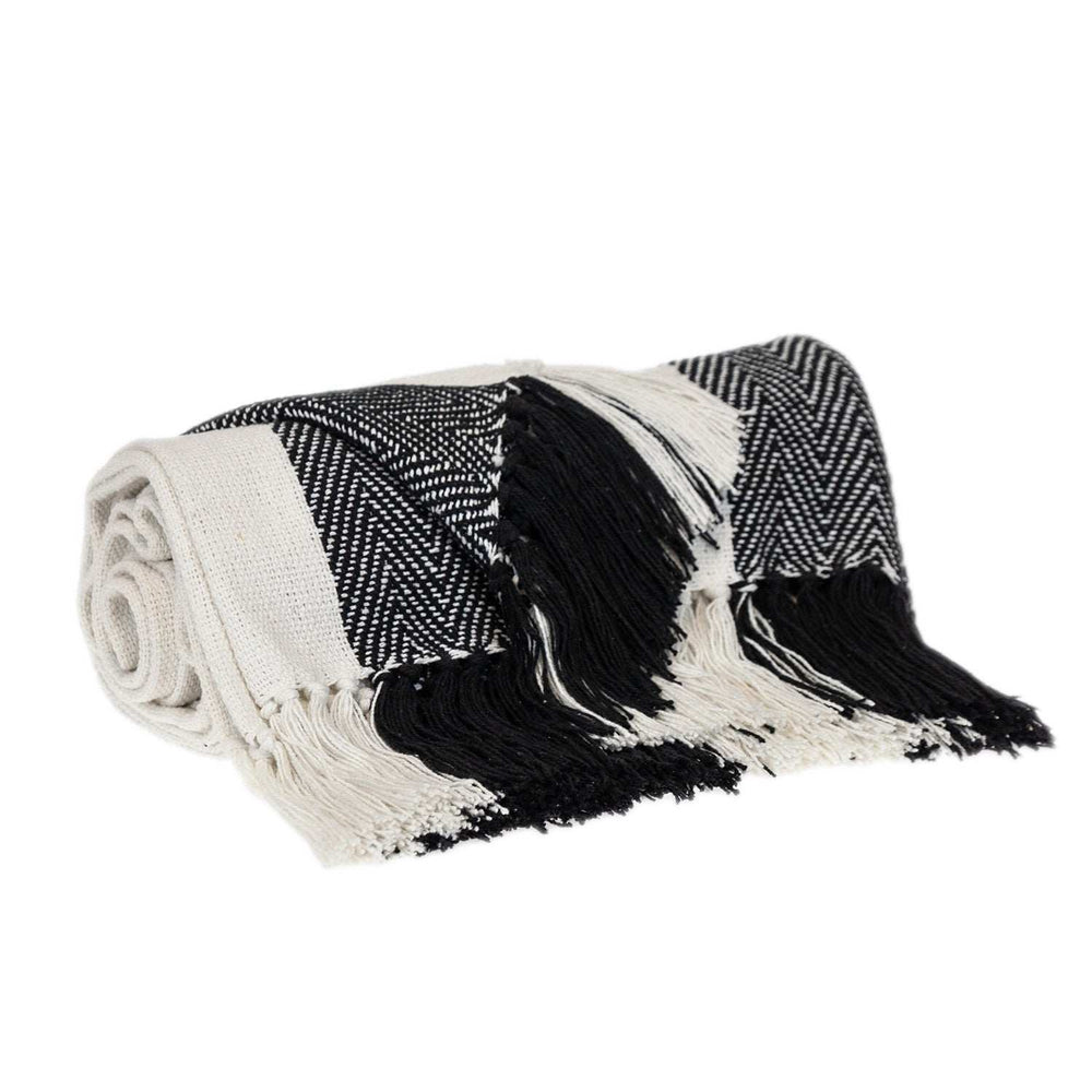 Black and White Woven Cotton Striped Throw Blanket - Homeroots - Flyclothing LLC