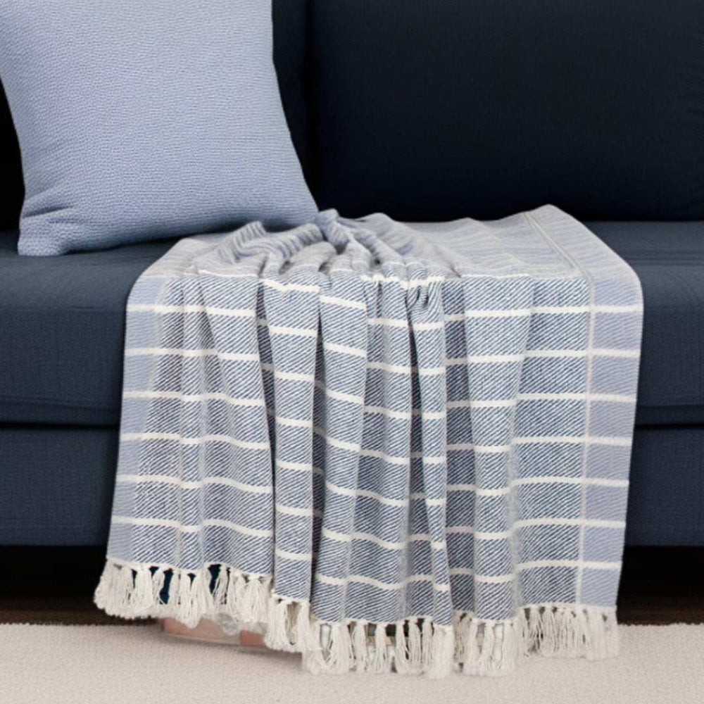 Blue Woven Cotton Striped Throw Blanket - Homeroots - Flyclothing LLC