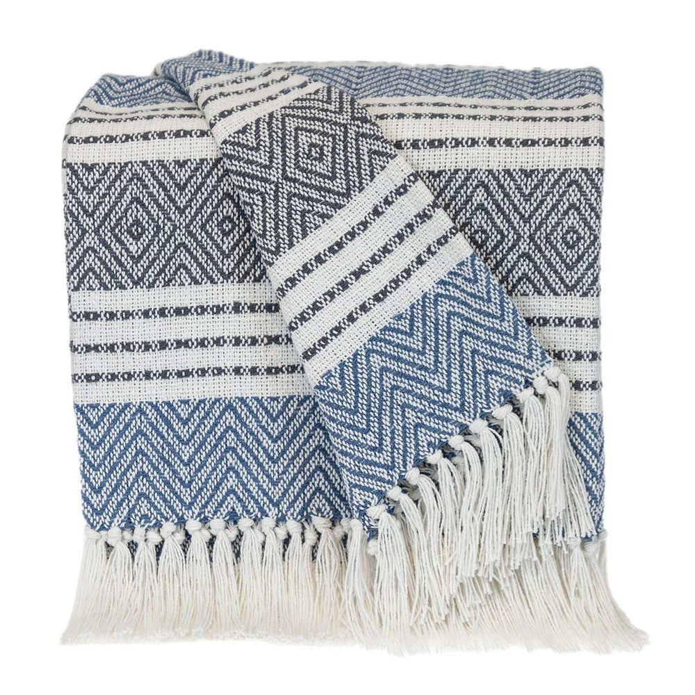 Blue Woven Cotton Striped Throw Blanket - Homeroots - Flyclothing LLC