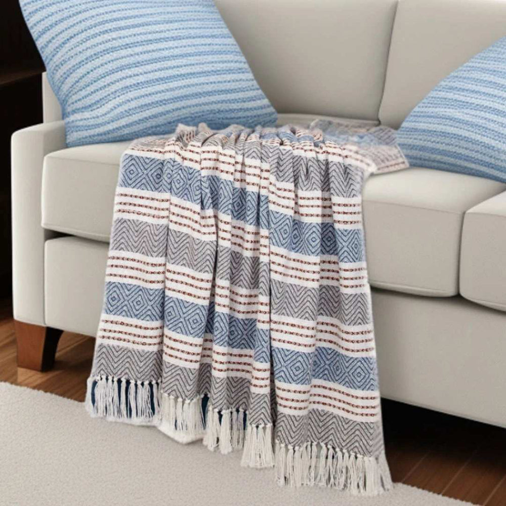 Gray and White Woven Cotton Striped Throw Blanket - Homeroots - Flyclothing LLC