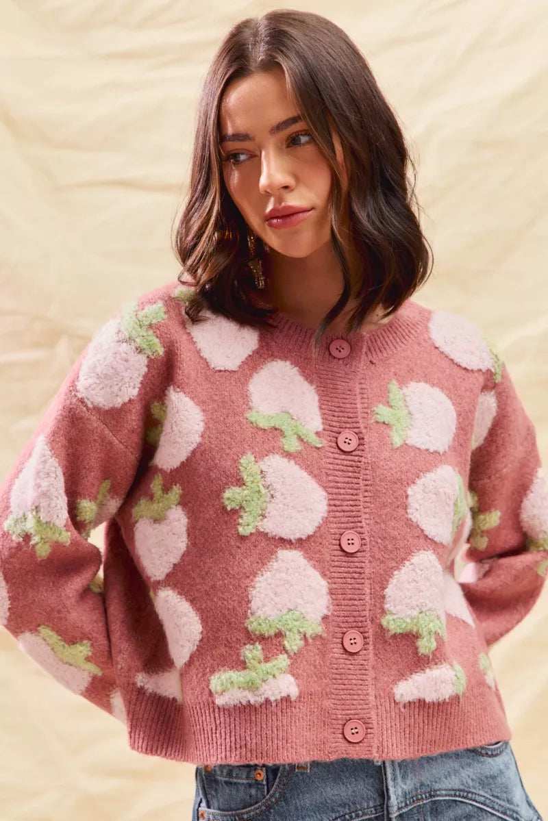 SO ME Strawberry Fruit All Over Button Sweater Cardigan - Trendsi - Flyclothing LLC