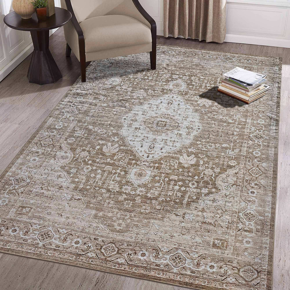 5' X 8' Beige Oriental Power Loom Distressed Stain Resistant Area Rug - Homeroots - Flyclothing LLC