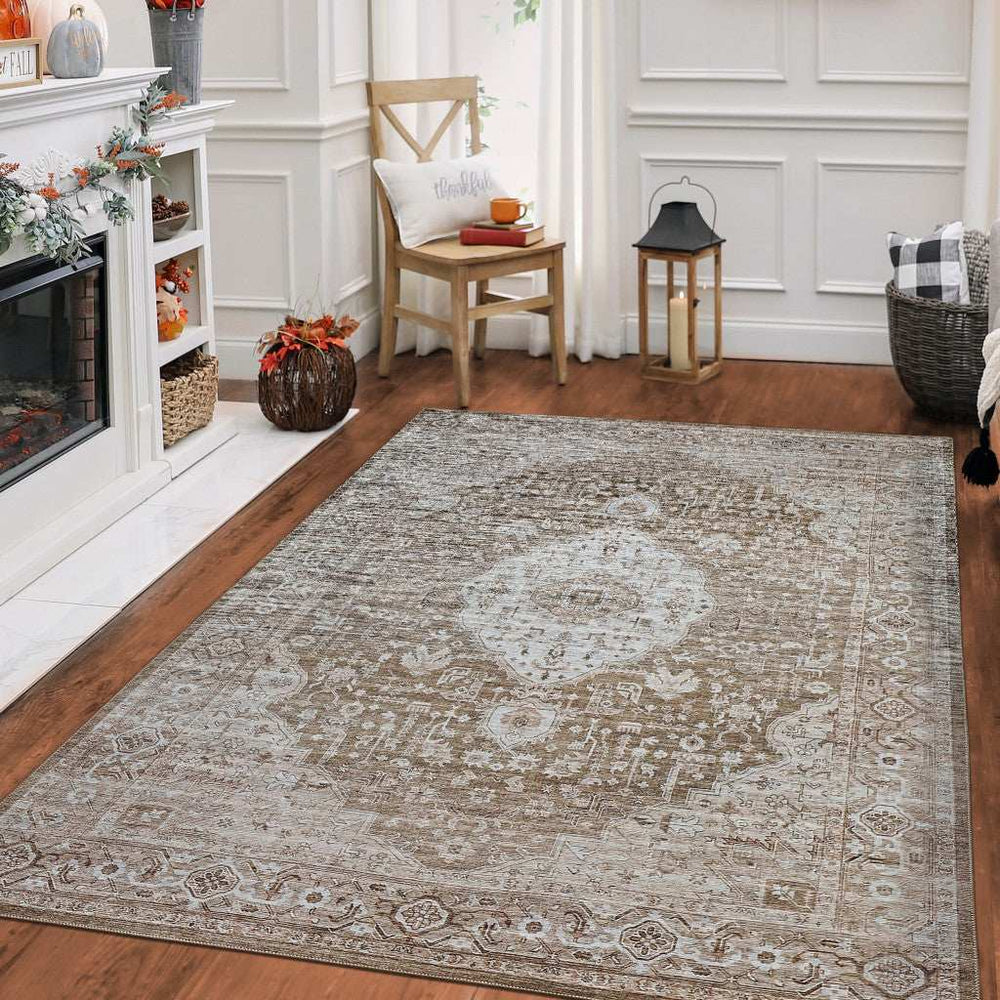 5' X 8' Beige Oriental Power Loom Distressed Stain Resistant Area Rug - Homeroots - Flyclothing LLC