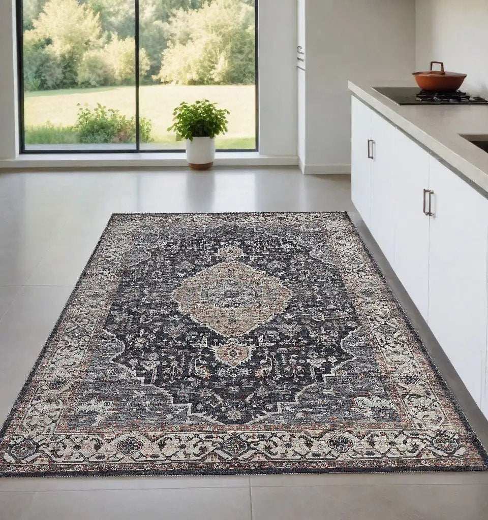 4' X 6' Black Oriental Power Loom Stain Resistant Area Rug - Homeroots - Flyclothing LLC