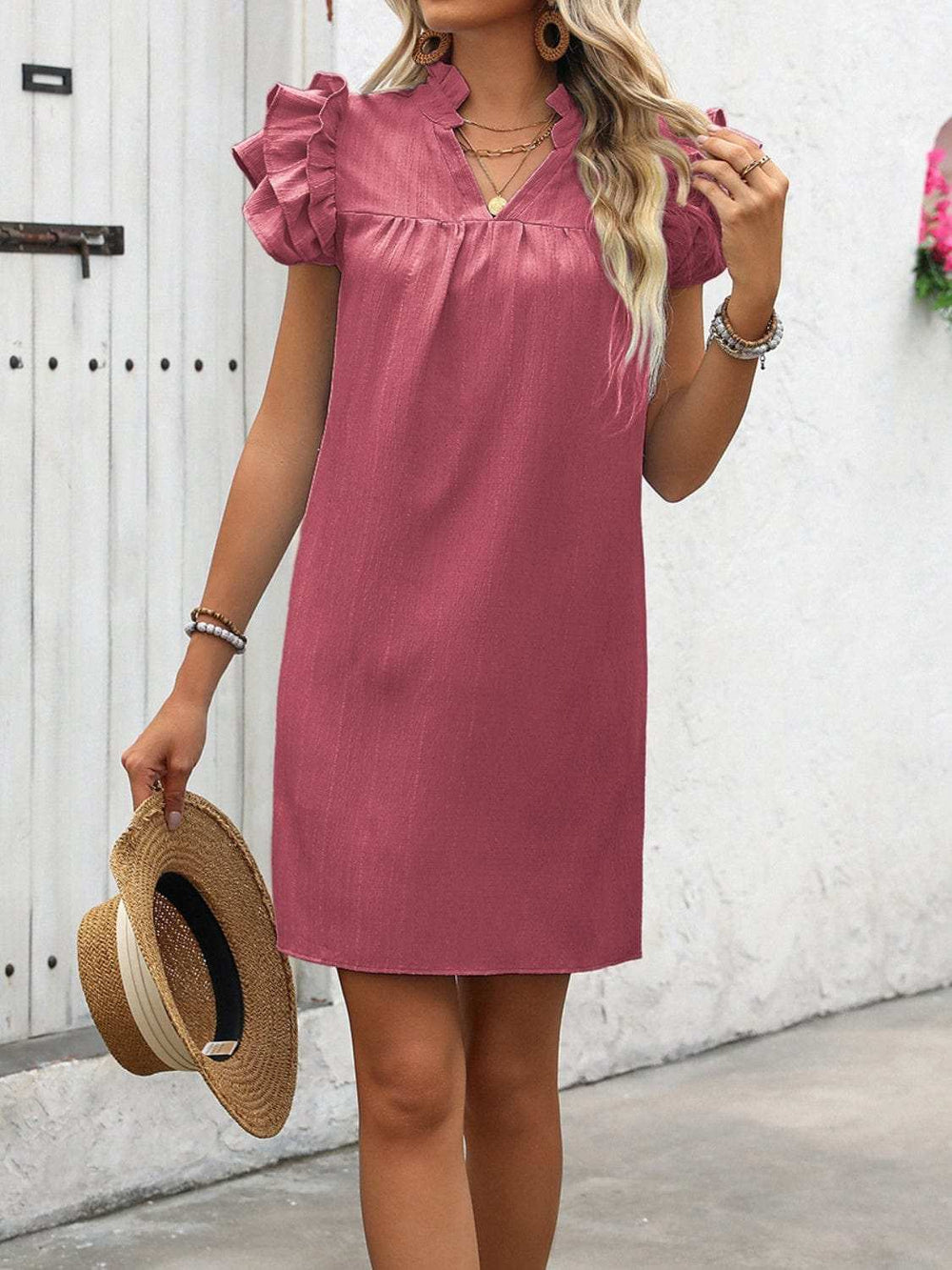 Ruffled Notched Cap Sleeve Mini Dress - Trendsi - Flyclothing LLC