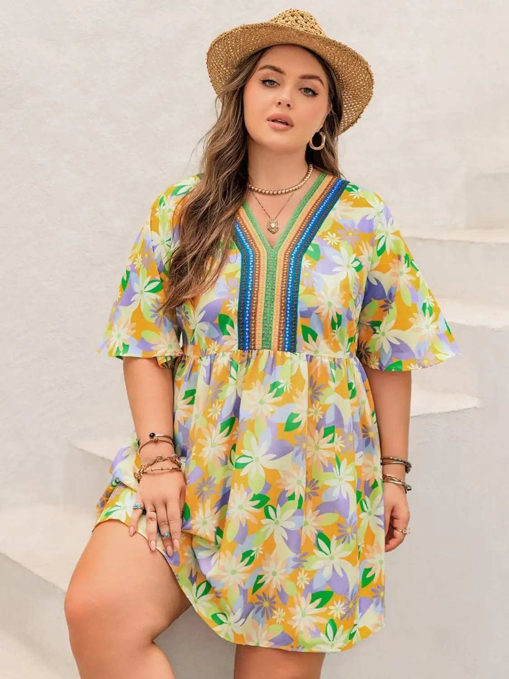 Plus Size Printed V-Neck Half Sleeve Mini Dress - Trendsi - Flyclothing LLC