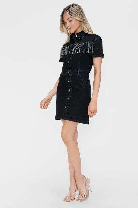 bytos Full Size Embellished Button Down Short Sleeve Denim Dress - Trendsi - Flyclothing LLC