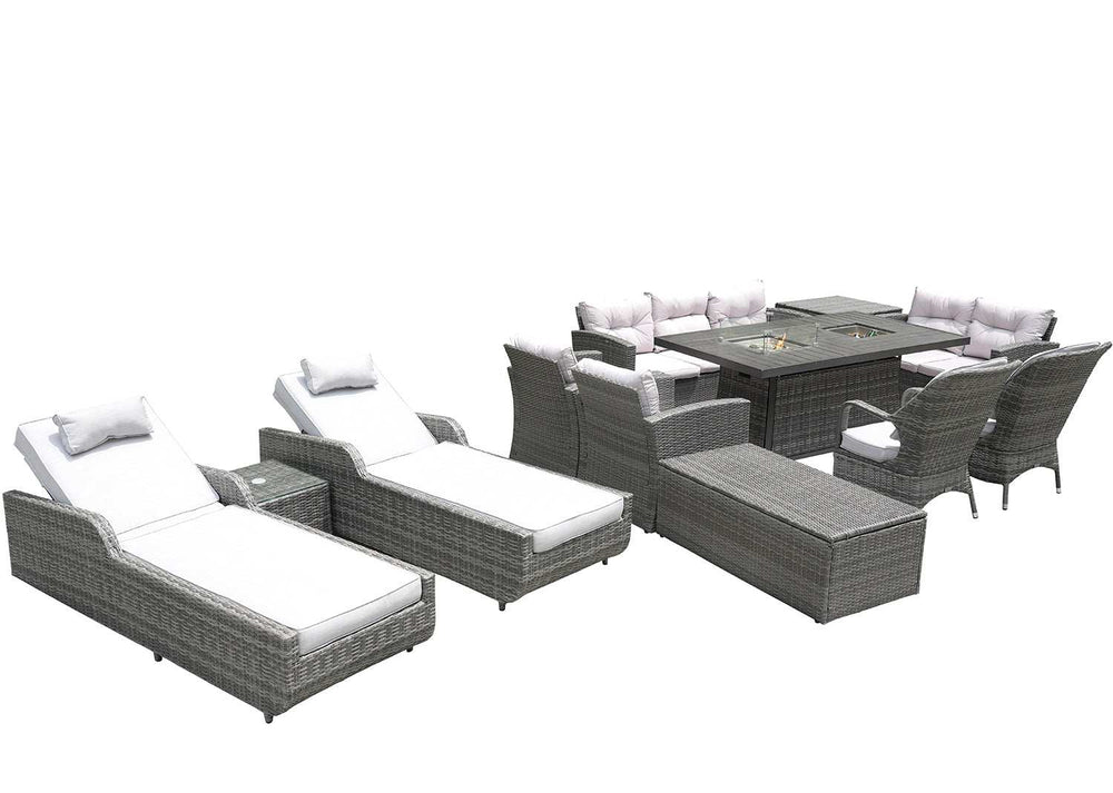 Twelve Piece Outdoor Gray Wicker Multiple Chairs Seating Group Fire Pit Included with White Cushions - Homeroots - Flyclothing LLC