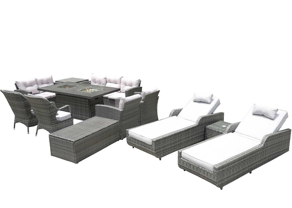 Twelve Piece Outdoor Gray Wicker Multiple Chairs Seating Group Fire Pit Included with White Cushions - Homeroots - Flyclothing LLC