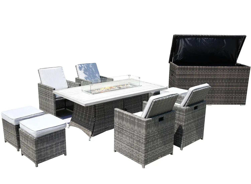 Ten Piece Outdoor Gray Wicker Multiple Chairs Seating Group Fire Pit Included with White Cushions - Homeroots - Flyclothing LLC