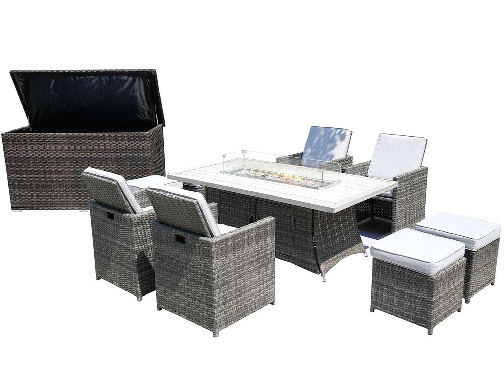 Ten Piece Outdoor Gray Wicker Multiple Chairs Seating Group Fire Pit Included with White Cushions - Homeroots - Flyclothing LLC