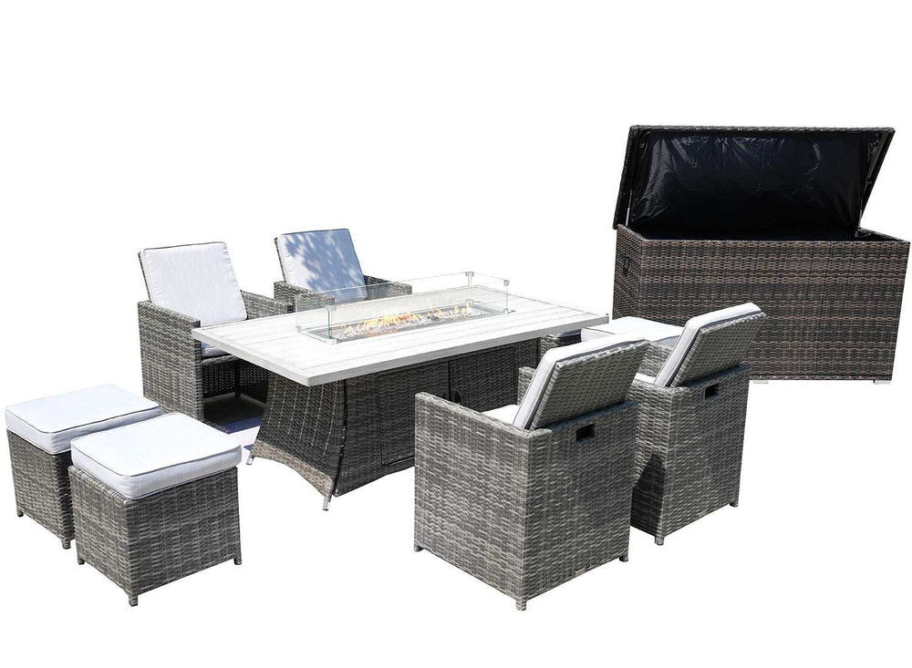 Ten Piece Outdoor Gray Wicker Multiple Chairs Seating Group Fire Pit Included with White Cushions - Homeroots - Flyclothing LLC