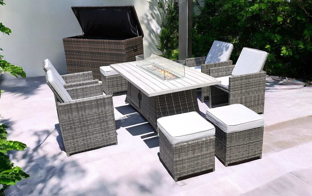 Ten Piece Outdoor Gray Wicker Multiple Chairs Seating Group Fire Pit Included with White Cushions - Homeroots - Flyclothing LLC