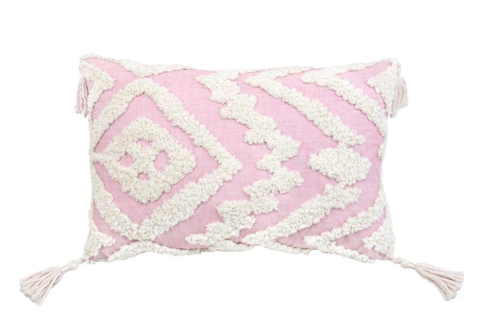 13" X 20" Pink and White Textural Abstract Throw Pillow with Tassels - Homeroots - Flyclothing LLC
