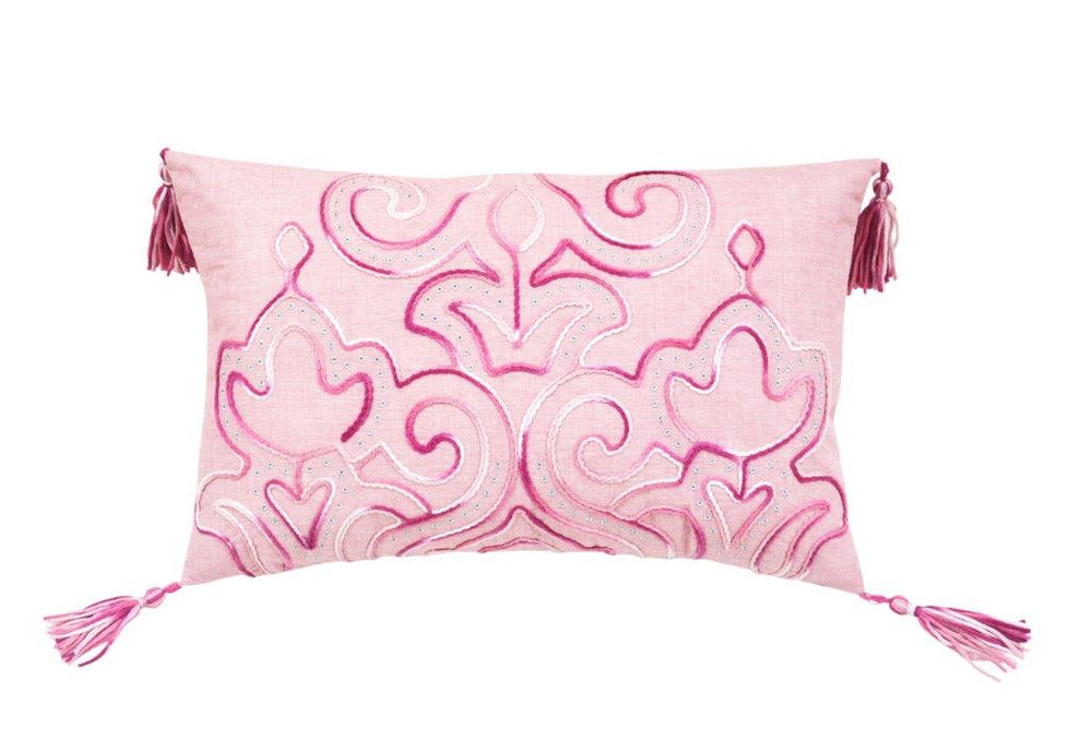 13" X 20" Pink Embroidered Damask Throw Pillow With Tassels - Homeroots - Flyclothing LLC