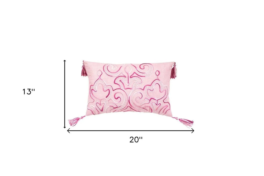 13" X 20" Pink Embroidered Damask Throw Pillow With Tassels - Homeroots - Flyclothing LLC